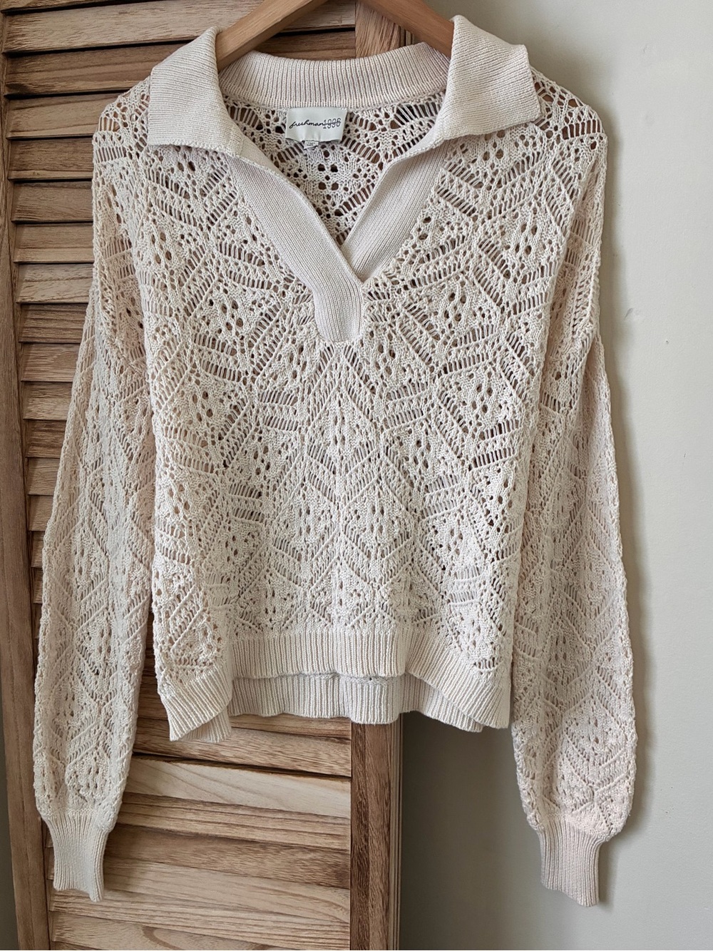 Freshman 1996 Cream Crochet Knit Polo Sweater Long Sleeve V-Neck Pointelle M